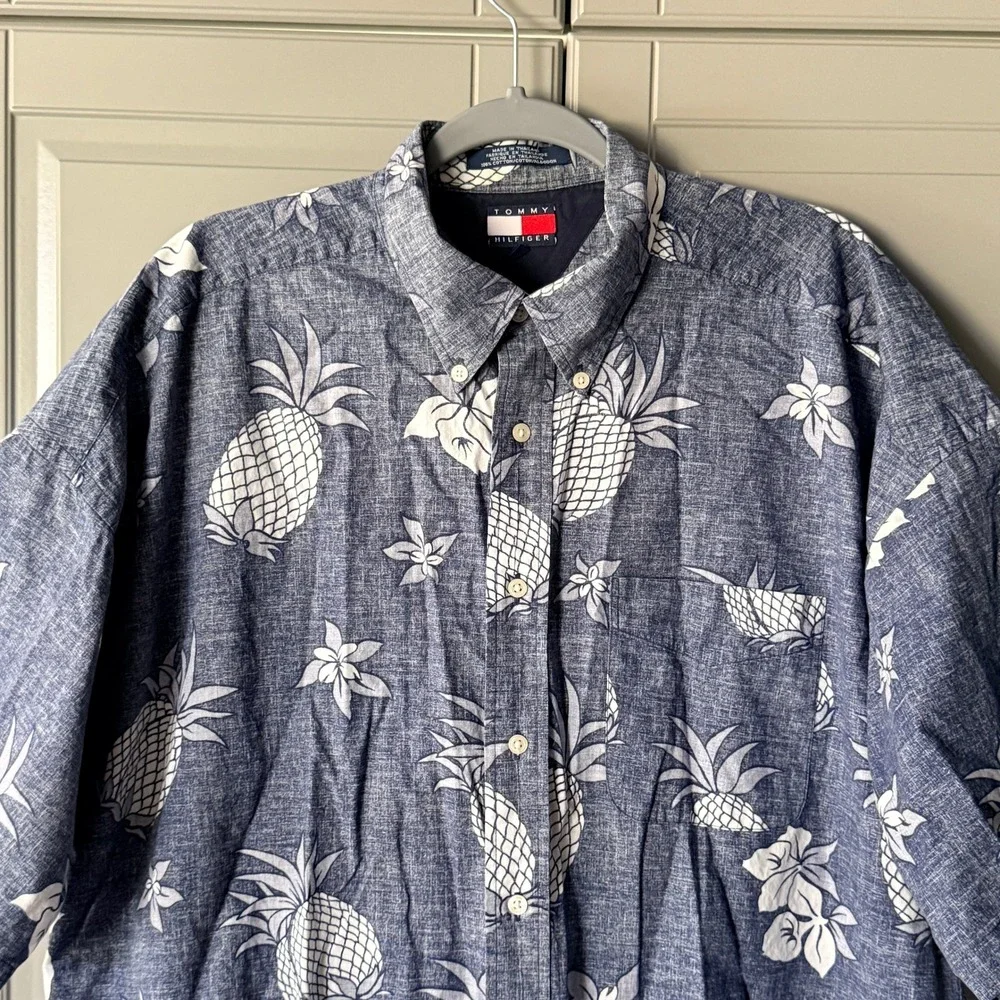 Tommy Hilfiger 90s Reverse Pineapple Print Short Sleeve Aloha Shirt,Blue,‎ XL